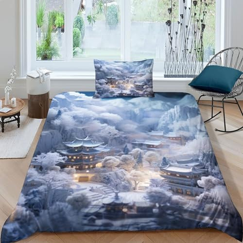OPSREY Snow Scene Bed Linen Sets Wald Bettbezug Microfaser Baumwolle Bettwäsche Set Mikrofaser Mit Reißverschluss Für Erwachsene Und Kinder Single(135x200cm)