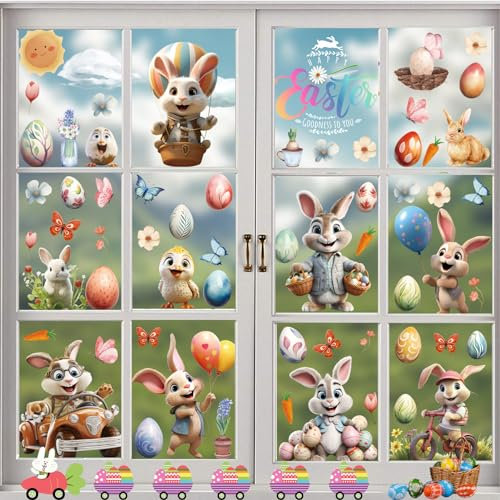 Shinybox Fensterdekoration Ostern, 9 Blätter Fensterbilder Ostern, Bunt Fensterbilder Ostern, Fenster Dekoration Ostern Wiederverwendbar Dekorationen, Fensterdekoration Hasen Küken Ostereie(A)