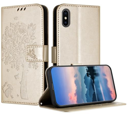 JayModCase Hülle für iPhone XS/iPhone X (5,8 Zoll), Leder Klapphülle Schutzhülle mit [Kartenfach] [Standfunktion] [Magnetverschluss] Handyhülle Kompatibel mit iPhone XS - Gold