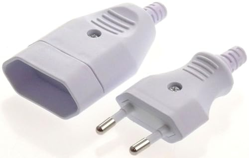Eurostecker Eurokupplung Flach 2-polig Euro flacher Stecker und Kupplung Flachstecker Flachkupplung Buche Stromstecker zum Schrauben 220V 2,5A in Farben Schwarz und Weiß TYP:SET Stecker+Kupplung weiß