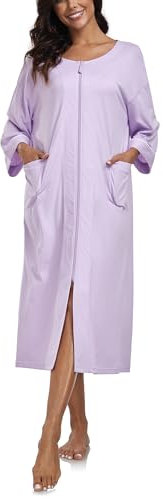 COLORFULLEAF Damen Morgenmantel mit Reißverschluss Bademantel Lang Baumwolle Leicht Schlafanzug/Saunamantel mit Taschen(Hellviolett,M)