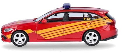 herpa 097833 Modellauto Mercedes-Benz C-Klasse T Kommandowagen Feuerwehr, Miniatur im Maßstab 1:87, Sammlerstück, Made in Germany, Modell aus Kunststoff Miniaturmodell, rot, gelb