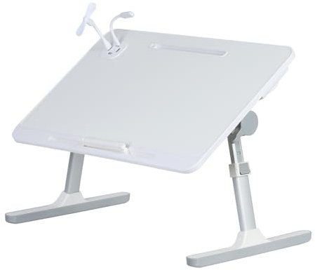 Calager Plateau de Lit Pliable pour Ordinateur Portable - Table Réglable avec Hauteurs et Angles, Bureau Portable avec Pieds Pliables/Ventilateur USB