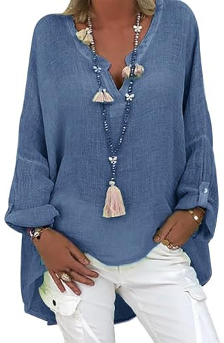Tincini Blusa de lino para mujer, blusa de verano, túnica, cuello de pico, tallas grandes, camiseta de manga larga para mujer, camisa de lino y algodón, azul oscuro, L