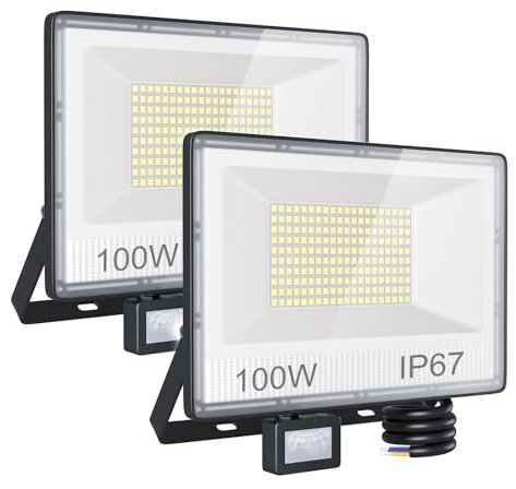 ANNIFUNLY 100W Projecteur LED Exterieur Detecteur de Mouvement, 2 Pièces 10000LM Spot Exterieur Detecteur Mouvement 6500K, IP67 Etanche Projecteur Extérieur LED pour Jardin Garage Patio Terrasse