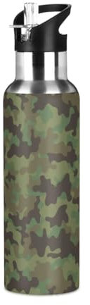 Yopersonalizes Insulated Water Bottle with Straw 1 L/32 oz Green Camouflage Stainless Steel Sports Water Bottles Leakproof Hot Cold Metal Drink Flask for Travel Gym