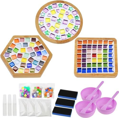 AsyinXson Mosaic Craft Set Coasters 3 Pieces, Mosaic Stones Coaster Set, Porcelain Mosaic Creative DIY Mosaic Art and Craft Set for Coasters, Handmade Home Decor Gifts