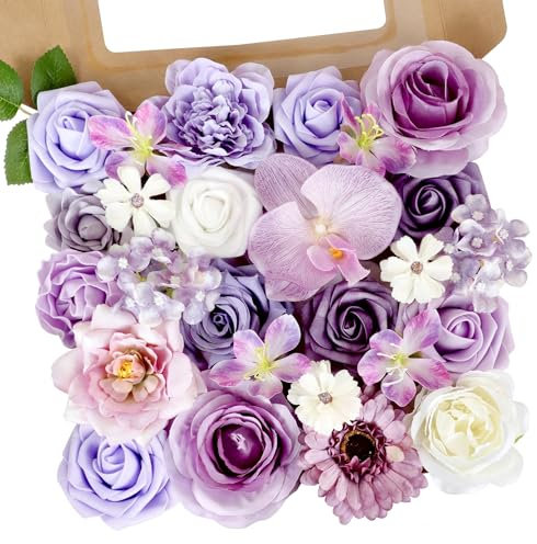 Roahosy Künstliche violette Blumen für Dekoration, violette Hochzeitsblumen für selbstgemachte Hochzeit, Brautsträuße, Tischdekoration, Kuchendekoration, Party, Babyparty, Blumen