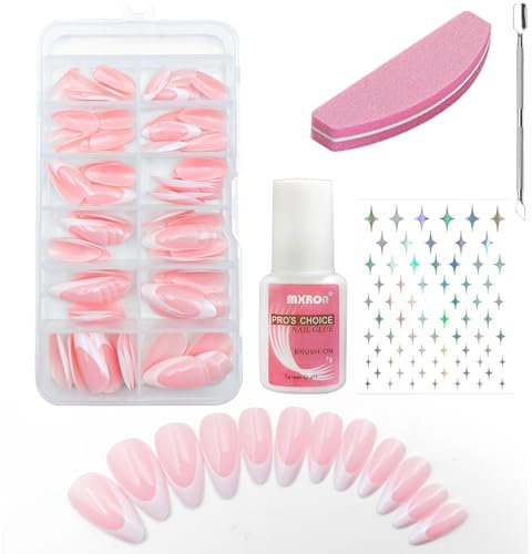240 Pcs Short Almond French Tip Nails, Pink Glossy White Tips Press on Fake Nails for Girls Women, Full Nail Art Kit with Glue and Tools 30