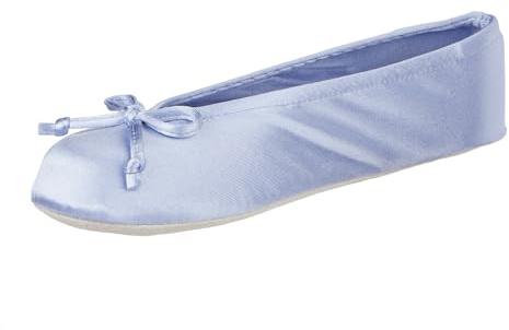 isotoner Women's Satin Ballerina Slippers with Classic Ribbon Or Soft Tie Bow and Suede Sole, Periwinkle, 3/4 UK