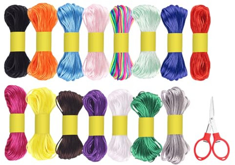 Anlising Coton Ciré Cordon, 15PCS DIY Faire Cordon Satin Cordon 1.5MM, Envoyer Ciseaux Pliant, Fil Nylon pour Bracelet, Cordon en Nylon de Soie, Fil Coton Ciré pour Bracelet, pour DIY, Bijoux