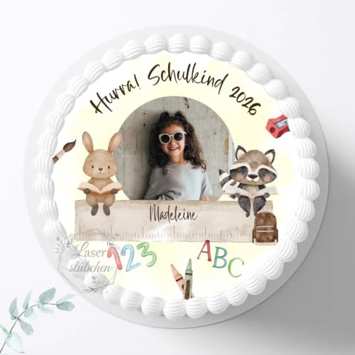 Tortenaufleger Waldtiere zur Einschulung personalisierbar mit eigenem Bild, optional mit Wunschname, ⌀20cm Zuckerbild, Deko für Kuchen, Foto für Torten, Fondant S0020
