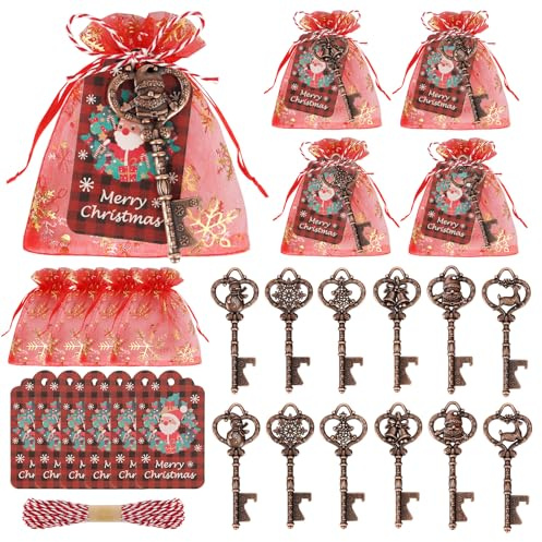 24 Stück Weihnachten Geschenke,Weihnachtsgeschenke Kronkorkenöffner,Weihnachtsgeschenke Kollegen für männer,Kleine Geschenke für Adventskalender,Flaschenöffner und Dekoration mit Karten Garnbeut