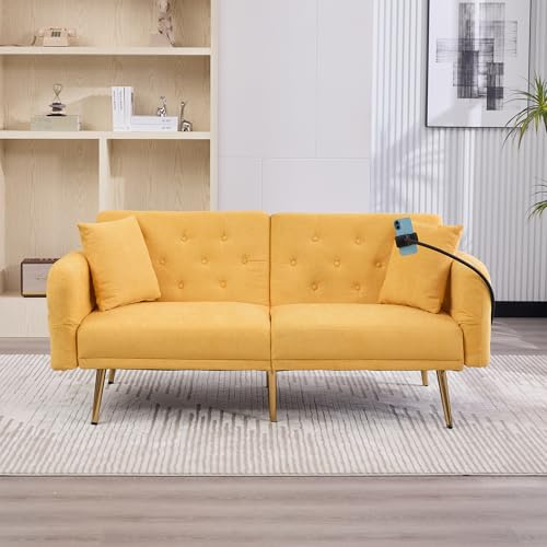 LIFEISLE Klappbares Schlafsofa mit Verstellbarer Rückenlehne und Handyhalterung, Eckesofa Bettsofa Couch mit Schlaffunktion für Wohnzimmer,Schlafzimmer,Chenille Gelb