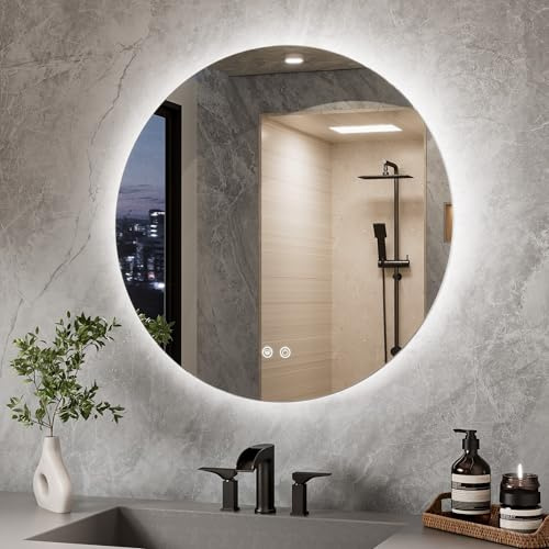 TETOTE Badspiegel mit Beleuchtung 70cm, Rund Badezimmerspiegel, Badezimmer Wandspiegel Ohne Rahmen, Led Badspiegel mit 3 Lichtfarben Dimmbarer,Antibeschlag, Speicherfunktion, IP44