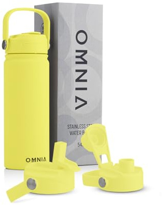 OMNIA NUTRIENTS Vacuum Insulated Stainless Steel Water Bottle, 2 Lids (Straw & Spout) Leakproof, BPA-Free, Reusable Flask Ideal for Travel and Outdoors (Mellow Yellow - 540 ml)