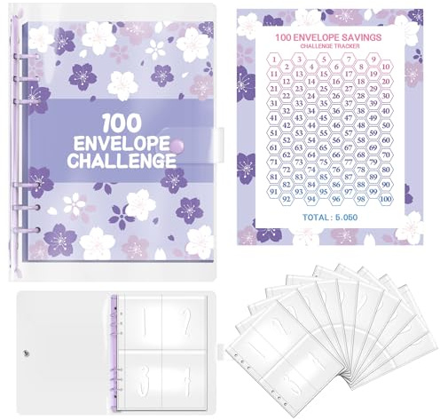 GWEOR 100 Envelope Saving Challenge, Sparchallenge Budgetplaner A5 Ringbuch mit Challenge Tracker & Pre-numbered Geldfächer, Budget Binder für Geld Sparen Challenge