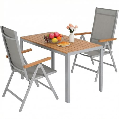 LIFERUN Gartenmöbel Set 3 Teilig, Balkonmöbel & Sitzgruppe Outdoor | 110x70cm WPC Tisch & 2 Aluminium Hochlehner Klappstühle, Wetterfest Terrassenmöbel außen, Teakbraun+Hellgrau