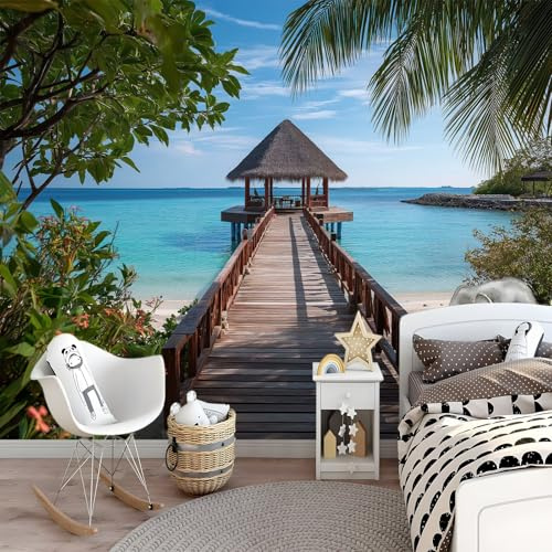 Fototapete Vlies Tapete Natur Urlaub Meer Strand - Blau Wandtapete für Wohnzimmer Schlafzimmer Flur TV Hintergrund 250 x 175 cm Wandbild Deko, Nicht selbstklebend