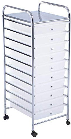 COSTWAY Carrito Auxiliar con Ruedas, Estantería Baño con 10 Cajones Extraíbles, Carrito Baño de Almacenamiento con Marco de Metal, Carro Cocina con Cajones Apilable para Baño, Oficina, Transparente