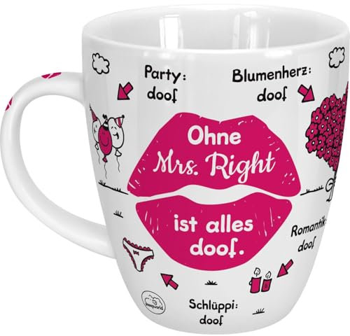 Sheepworld Tasse Ohne Mrs Right ist alles doof | Porzellan, 45 cl | Geschenktasse für Kaffee und Tee, Tasse mit Spruch, Hochzeit | 46510