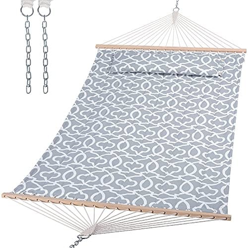 SUNCREAT Hamac double matelassé avec barre d'écartement en bois dur, oreiller doux extra large, hamac robuste pour 2 personnes pour l'intérieur, l'extérieur, motif gris