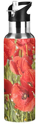 RELEESSS Bouteille d'eau isotherme en acier inoxydable Motif fleur de coquelicot 600 ml