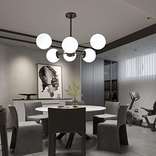 ENXING Pendelleuchte E27 Moderne Pendellampe Kreative Dekoration Wohnzimmer Kronleuchter Eisen Hängelampe Glaskugel Deckenleuchte Weißer Schatten Hängeleuchte Küche Esszimmer Bar,Schwarz,6 heads