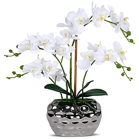 Weiße Orchideen-Arrangement in silberner Vase, künstliche Orchideen, Arrangements, Mittelstück, Seiden-Orchidee, künstliche Orchidee, Tischdekoration, Heimdekoration