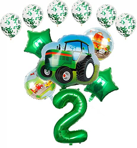 HCRXVV 2.Geburtstag Junge Traktor Balloon Set luftballon 2. geburtstag Grün Folienballon 32 Zoll Zahl 2, Folienballon Traktor Baustelle Car Themed Deko jungen 2 jahr Kindergeburtstag(12Stk)