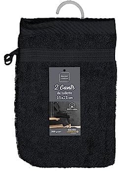 Douceur d'Intérieur, 2 Waschhandschuhe (15 x 21 cm) Zärtlichkeit, Schwarz, Frottee, einfarbig