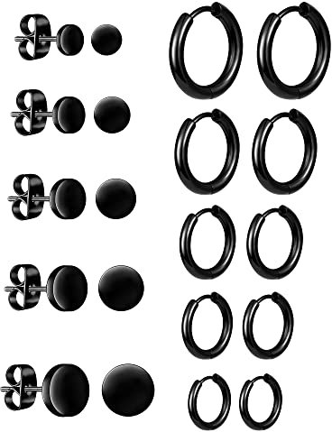 10 Pièces boucles a'oreilles créoles homme femme, Inoxydable boucles a'oreilles en acier, hypoallergénique petites boucles d'oreilles Créoles noires piercing oreille boucles d'oreilles homme