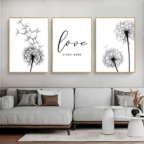 Martin Kench 3er Poster Set Modern Schwarz Weiß Leinwandbilder Wandbilder, Löwenzahn Bilder Set Kunstdrucke Wandposter für Wohnzimmer,Ohne Rahmen (40x50cm)
