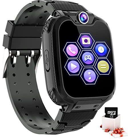 JUBUNRER Smartwatch Kinder Kinderuhr Touchscreen Telefonieren -SOS -Kamera Musik Handy Wecker Spiele -Rekorder Taschenrechner Jungen und Mädchen zu deren Geburtstagen (Schwarz)
