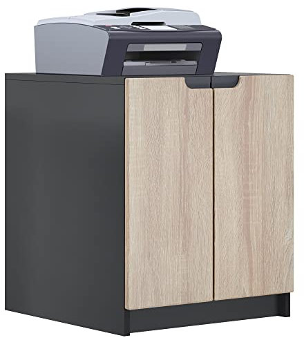Vladon Druckerkommode Logan, Aktenschrank mit 2 Fächern und 2 Türen, Korpus in Schwarz matt, Fronten in Eiche sägerau, (51 x 60,5 x 54 cm)