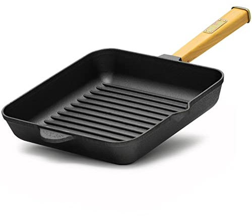 4BIG.fun Grillpfanne 26 cm mit Holzgriff | Steakpfanne aus Gusseisen | Pfanne geeignet für Gasgrill, Backofen, Feuerstelle, alle Herdarten inkl. Induktion