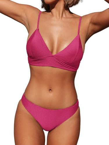 CUPSHE Damen Bikini Set V Ausschnitt Triangel Breites Unterbrustband Rippstruktur Bademode Zweiteiliger Badeanzug Swimsuit Rose XL