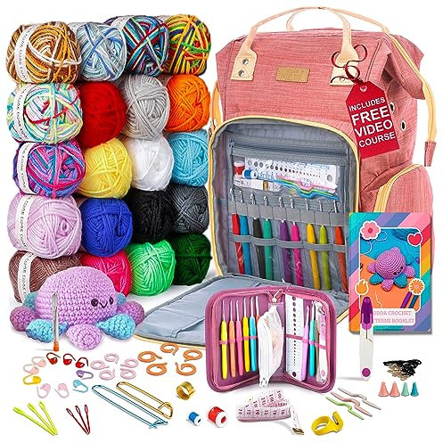 MODDA Häkelset für Anfänger, Erwachsene und Kinder, mit Rucksack und Videokurs, Amigurumi und Häkelset, Anfänger-Häkelset mit Häkeltasche, Rucksack, Garn, Haken, Buch, Häkel-Starter-Set