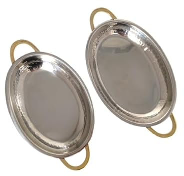 Silver Finished Hammered Indian Oval Balti Dish Starter/Main Side Serving Rice Veg Meat with Gold Handles Ideal for Restaurant and Household (21.5cm Silver Finished Hammered Balti Dish)