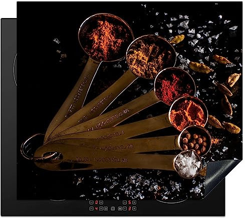 KitchenYeah© Induction Hob Protector Mat 20.1x23.2 / 59x51 cm Cooker Top Protectors Cover Ceramic Covers Electric Hobs Vinyl Herbs - Spoons - Salt - Spices - Black