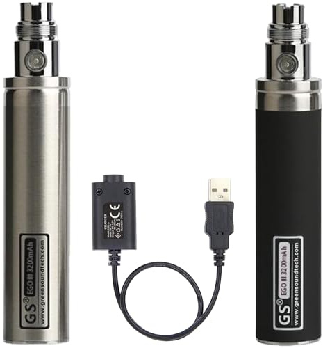 GS EGO 3 III 3200mAh Rechargeable Ecig Battery GreenSound Electronic Cigarette Ego 510 Thread E-Shisha E-Cigarette with User Manual Nicotine Free (Double Pack (Black & Silver With Charger))