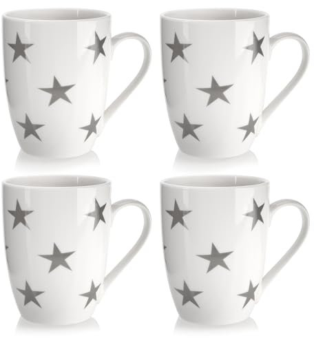 com-four® 4x Tasses à café en céramique - Tasses à café au Design Moderne - Cafetière pour Boissons Froides et Chaudes - Tasse à poignée Blanche avec étoiles - Gobelet 300 ML (Étoiles - 300ml)