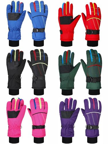 Bencailor 6 Paar Kinder Winter Handschuhe wasserdichte Kinder Ski Handschuhe Winddichte Warme Schnee Handschuhe für Kinder Jungen Mädchen (Rot, Grün, Blau, Lila, Schwarz, Rosa, 3–6 Jahre)