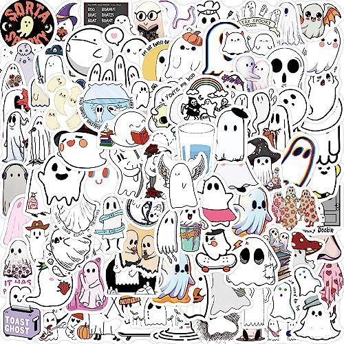 100 Packs Mini Cute Halloween Ghost Stickers for Water Bottles Laptop Car Phone Guitar Skateboard Computer Scrapbook Wall Home, Lovely Ghost Meme Vinyl Waterproof Aesthetic Decals Stickers