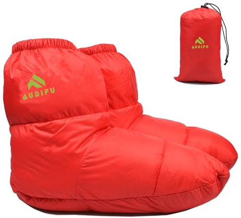 AUDIFU Down Booties Warm Socks Ultralight Sleeping Sock for Camping, Backpacking - Camp Sleeping Bag Tent Down Foot Warmer for Men & Women, Red, Medium