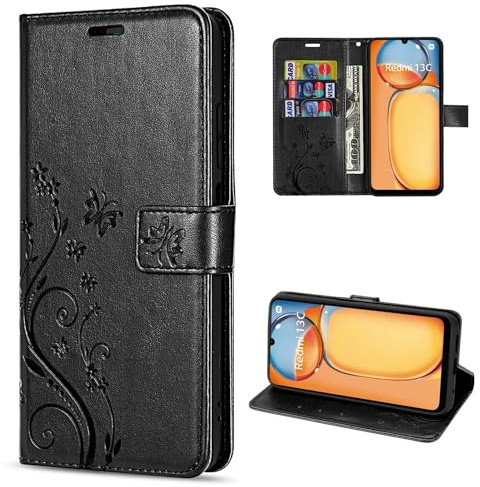 betterfon Hülle Kompatibel mit Xiaomi Redmi 13C / C65 | Premium PU Leder Handyhülle Wallet Case für Redmi 13C / C65 | Schutzhülle Blumen Klapphülle Handyhülle | Schwarz