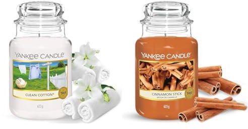 Yankee Candle Duftkerze im Glas (groß) – Clean Cotton & Duftkerze im Glas (groß) – Cinnamon Stick – Kerze mit langer Brenndauer bis zu 150 Stunden – Perfekte Geschenke für Frauen