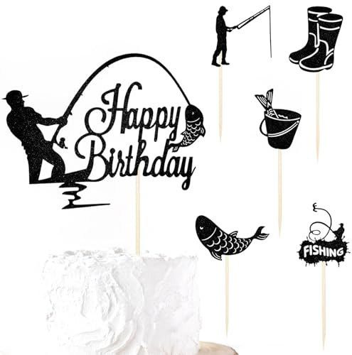 6 Stücke Angler Cake Topper - Kuchen Deko Geburtstag mit Fische Angeln Motiv - Tortenaufleger für Tortendeko Geburtstag Mann