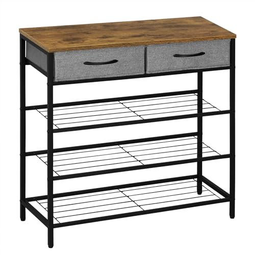 eSituro Scarpiera a 4 Ripiani, Scarpiera Ingresso Portascarpe Salvaspazio, Scaffale Porta Scarpe Stile Industriale, con 2 Cassetti in Tessuto, Struttura in Metallo, Rovere Scuro e Nero
