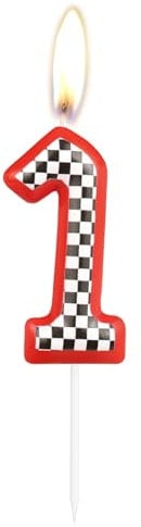 Birthday Cake Number 1 Candle Topper, Red Racing Happy Birthday 1st Cake Toppers, Red Black and White Racing Decorations for Kids Boys Car Theme Birthday Party